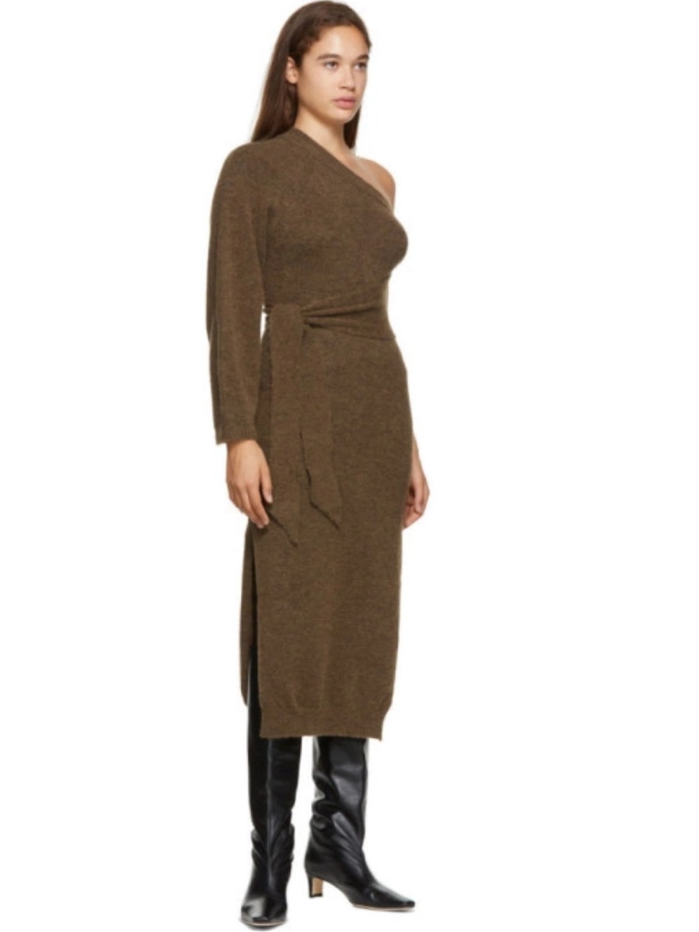 Nanushka brown wool alpaca blend one shoulder sweater midi dress side slits